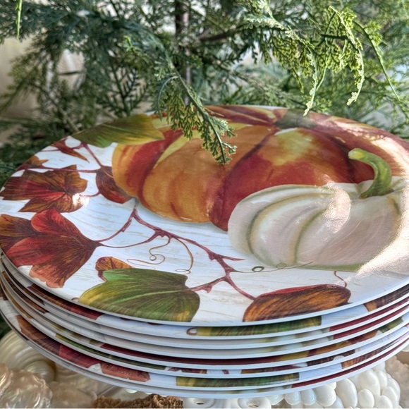 NWT! Fall Thanksgiving Pumpkin Melamine Dinner Plates Set/8 - Picture 2 of 4
